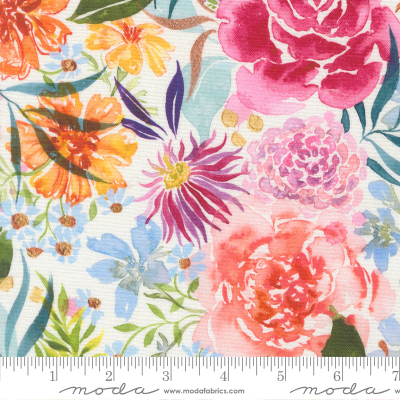 Rêverie florale - Tissu toile bleu brillant non blanchi