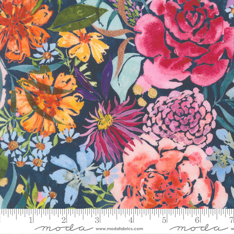 Rêverie florale - Tissu toile bleu brillant non blanchi