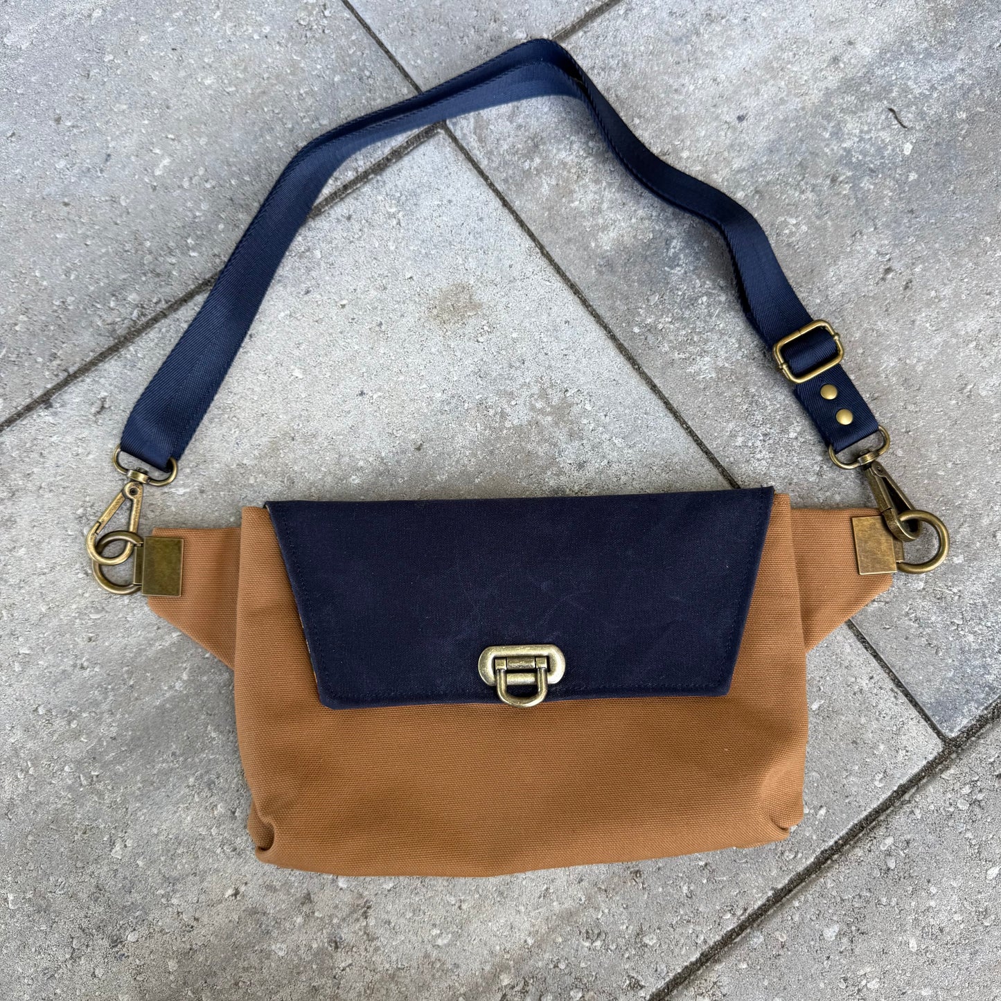 Haralson Crossbody Bag - Tan Canvas with Navy Flap