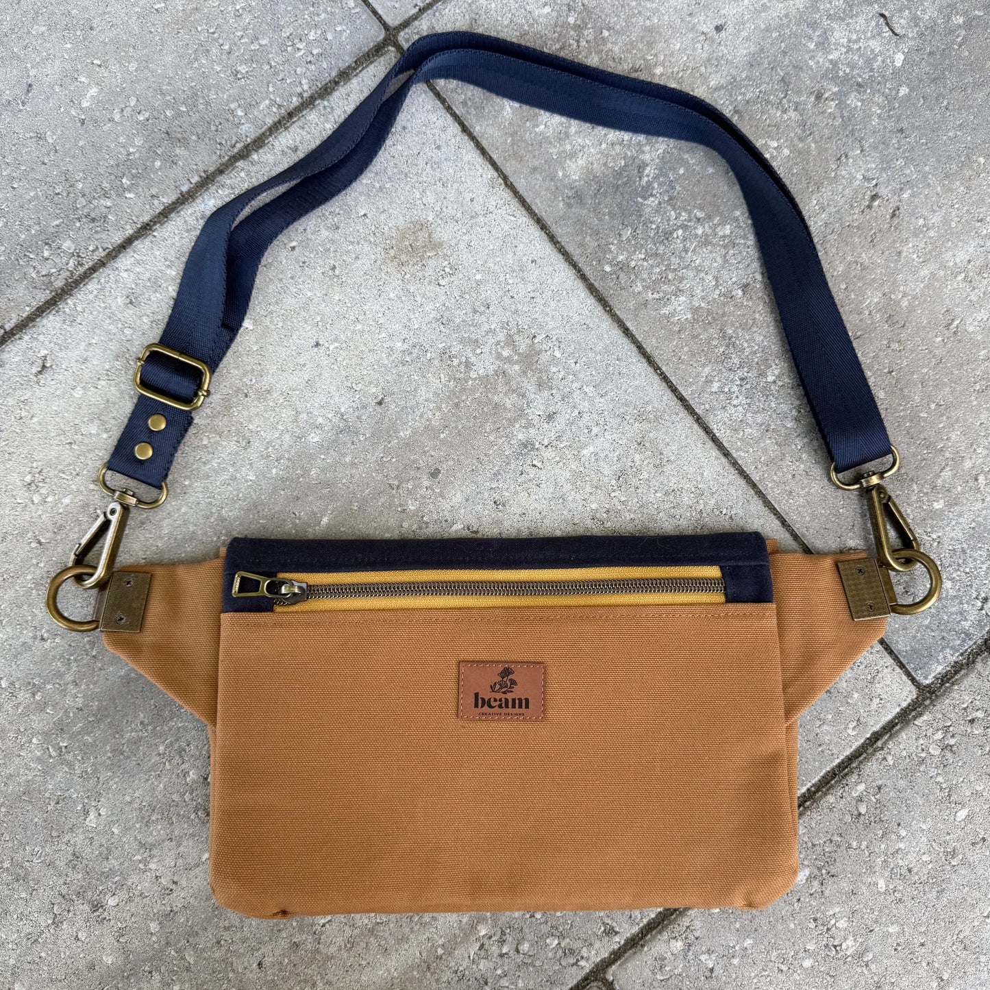 Haralson Crossbody Bag - Tan Canvas with Navy Flap