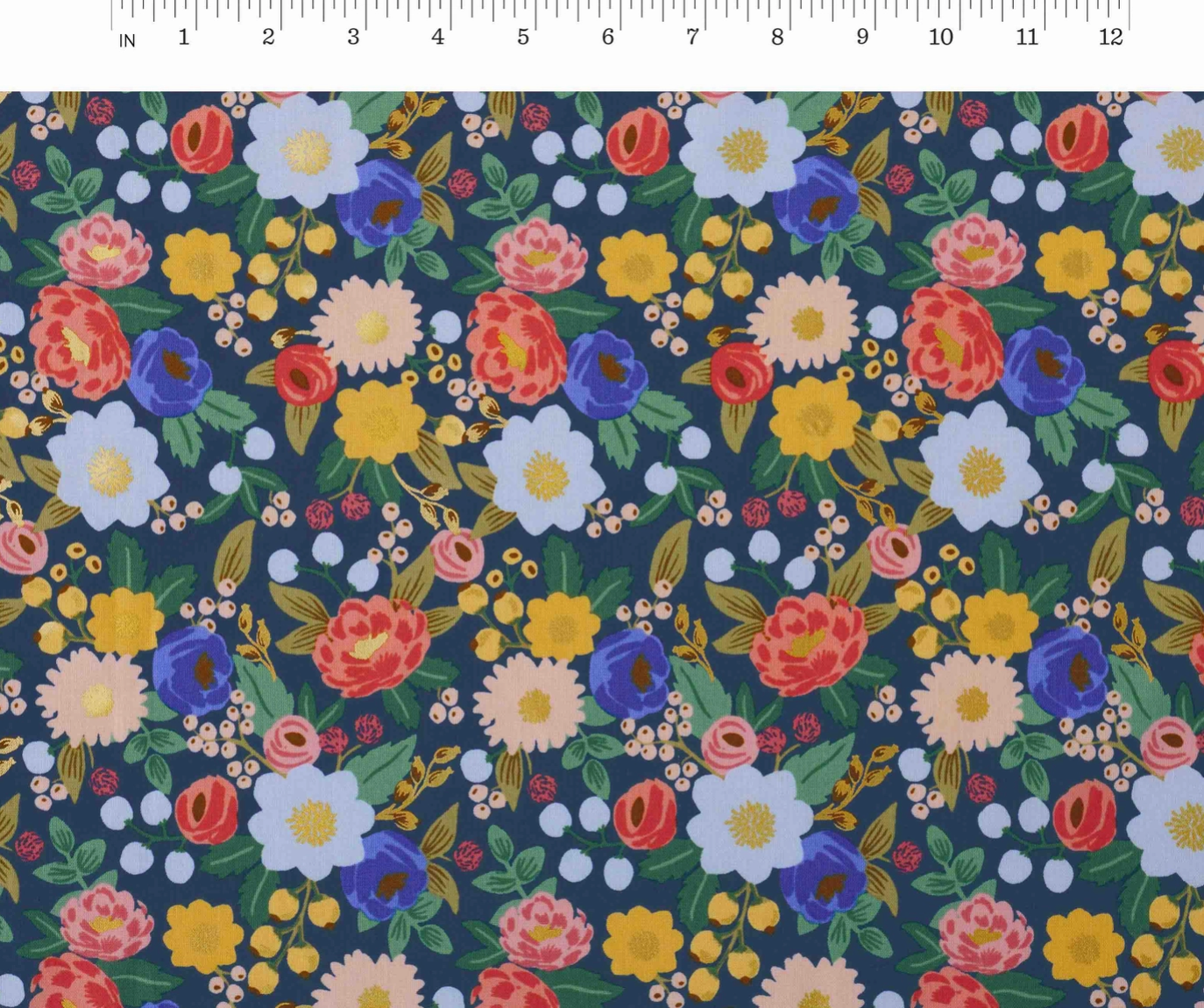 Vintage Blossom - Tissu en coton métallisé bleu