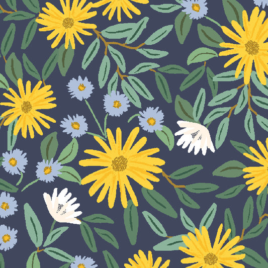 Rifle Paper Co. - Daisy Fields - Navy Canvas Metallic Fabric