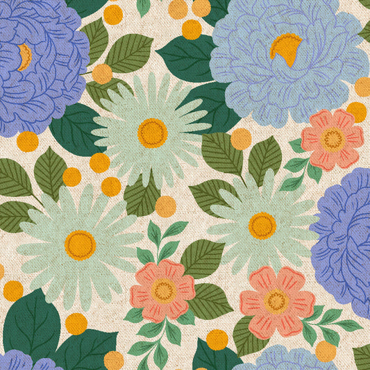 Floral Daydream - Brilliant Blue Unbleached Canvas Fabric