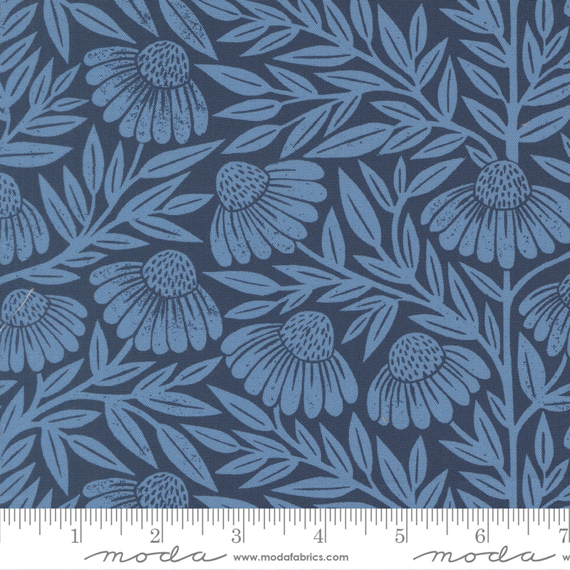 Rêverie florale - Tissu toile bleu brillant non blanchi