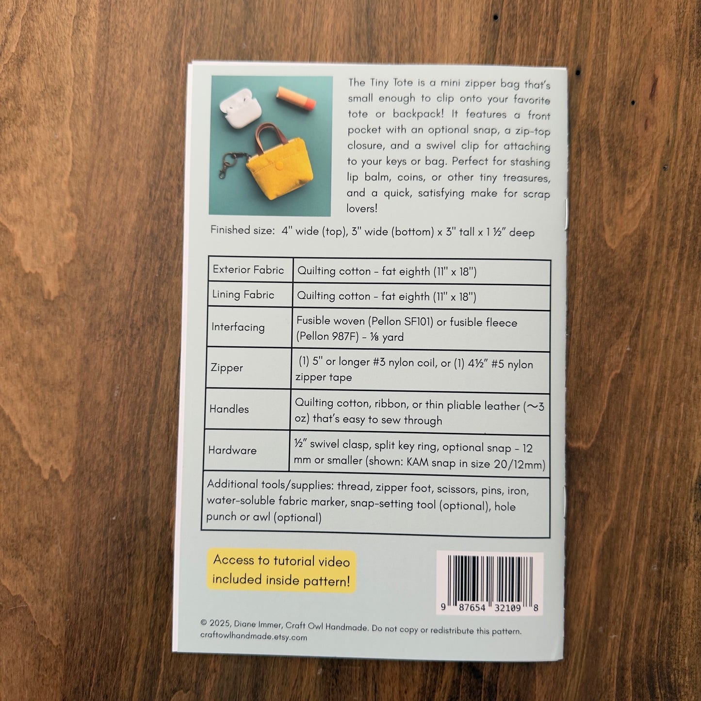 Tiny Tote Paper Pattern - by Craft Owl Handmade