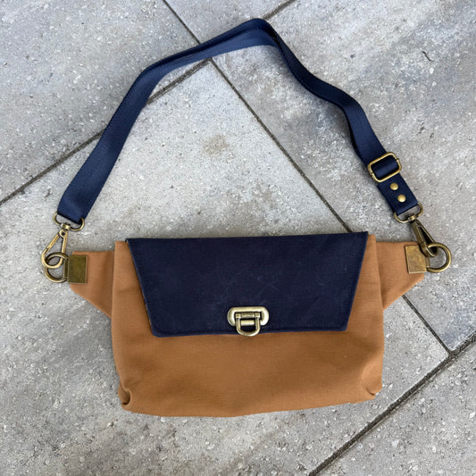 Haralson Crossbody Bag - Tan Canvas with Navy Flap