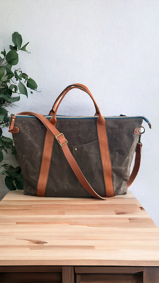 Oxbow Tote, Weekender Bag - Brown Waxed Canvas